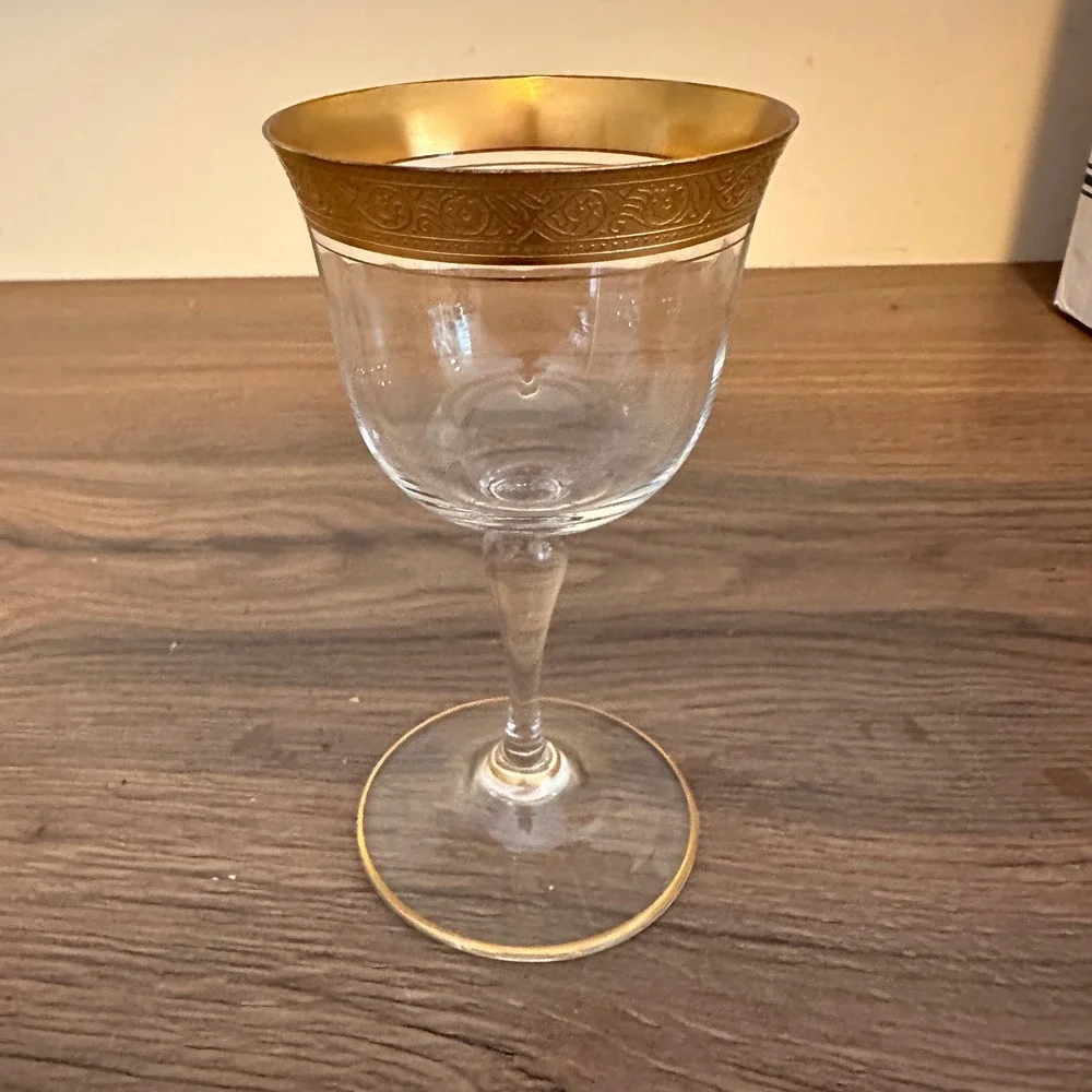 Tiffin Gold Encrusted Crystal Cordial Wine Glasses Set of 9 Scroll Rim MCM Deco